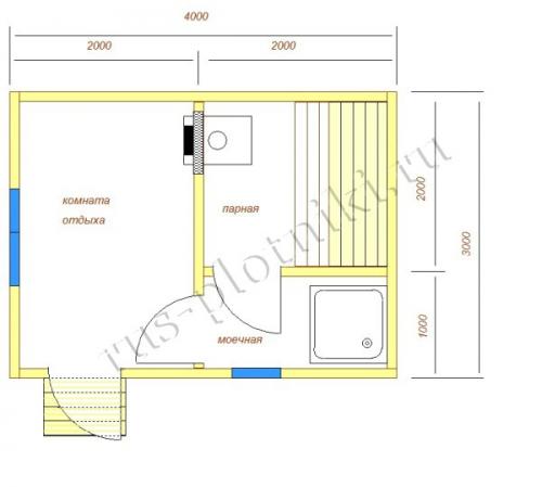 Проект бани с большой парилкой. 3 на 4